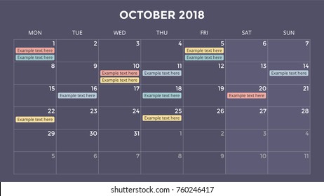 Calendar infographic, table chart, presentation chart. Business period concept. Task manager. Day, week, month. 2018 year. Time management. Organizer date diary.