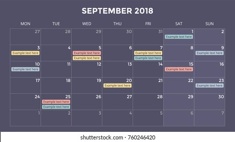 Calendar infographic, table chart, presentation chart. Business period concept. Task manager. Day, week, month. 2018 year. Time management. Organizer date diary.