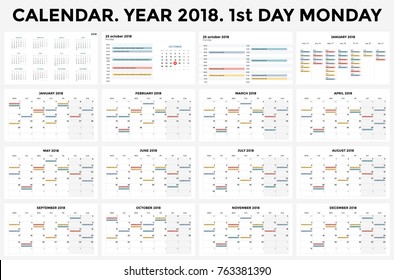 Calendar infographic, table chart, presentation chart. Business period concept. Task manager. Day, week, month. 2018 year. Time management. Organizer date diary infographics.
