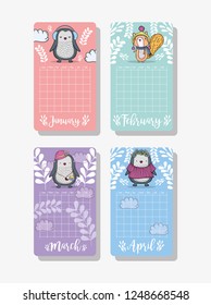 calendar information with cute animals and plants leaves