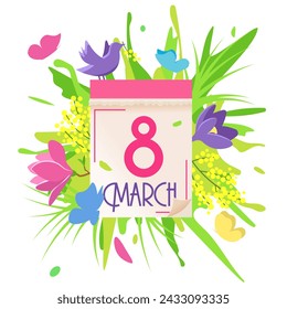 Calendar with the inscription March 8 on a background of nature. An explosion of lush greenery. Women's Day. Spring day. Isolated vector illustration on white background.