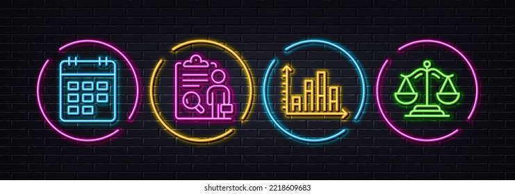 Calendar, Inspect and Diagram graph minimal line icons. Neon laser 3d lights. Justice scales icons. For web, application, printing. Event reminder, Research list, Presentation chart. Judgement. Vector