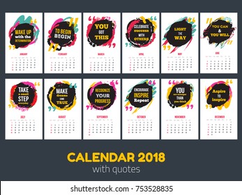 Calendar with inspiring quotes 2018, Bright colorful year template.