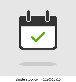 Calendar Isolated Flat Web Mobile Icon, Vector, Sign, Symbol, Button, Element, Silhouette. Calendar Icon in trendy flat style isolated on grey background with check mark