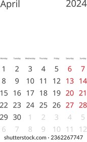 Calendar Isolated on a Background April 2024 