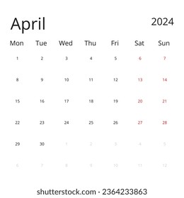 Calendario aislado en abril de fondo