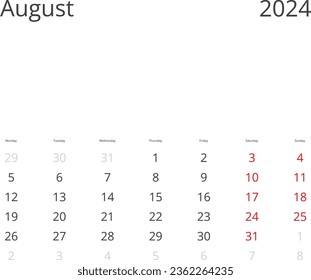 Calendar Isolated on a Background August 2024 