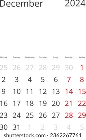 Calendar Isolated on a Background December 2024 