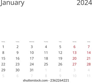 Calendar Isolated on a Background January 2024 