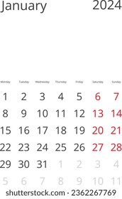 Calendar Isolated on a Background January 2024 