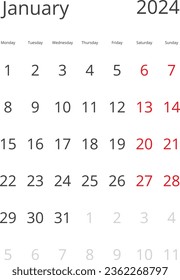 Kalender einzeln auf Hintergrund Januar 2024 