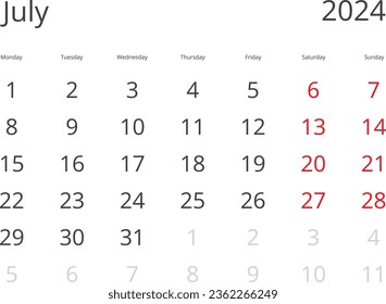 Calendar Isolated on a Background July 2024 