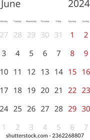 Calendar Isolated on a Background June 2024 