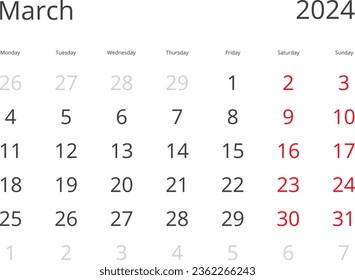Calendario aislado en marzo de 2024 