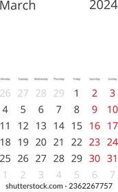 Calendario aislado en marzo de 2024 