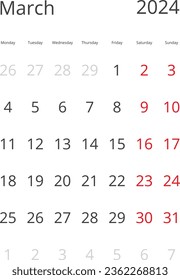 Calendar Isolated on a Background March 2024 