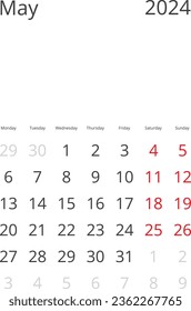 Calendar Isolated on a Background May 2024 