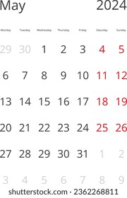 Calendario aislado sobre un fondo mayo de 2024 