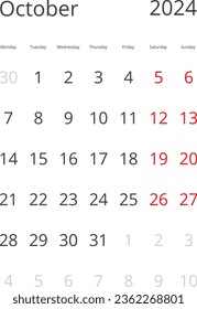 Calendar Isolated on a Background October 2024 