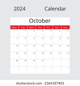 Calendario aislado en un contexto Octubre