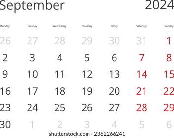Calendar Isolated on a Background September 2024 
