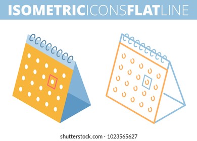 The calendar. Isometric flat and outline icon set. The year, month, day, time and date reminder concept line pictograms. Vector linear infographic element. The office calendar 3d and outlined symbols.