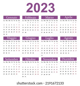 Calendar in Italian for 2023. The week starts from Monday. Vector illustration