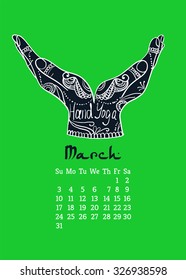 Calendar item with yoga mudra hands and drawing mehendi. Vector illustration for a yoga studio, tattoos, spa, postcards, souvenirs. Indian traditional way of life.