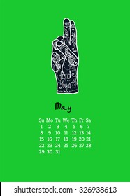 Calendar item with yoga mudra hands and drawing mehendi. Vector illustration for a yoga studio, tattoos, spa, postcards, souvenirs. Indian traditional way of life.