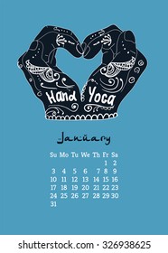 Calendar item with yoga mudra hands and drawing mehendi. Vector illustration for a yoga studio, tattoos, spa, postcards, souvenirs. Indian traditional way of life.