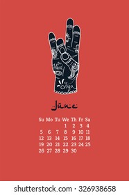 Calendar item with yoga mudra hands and drawing mehendi. Vector illustration for a yoga studio, tattoos, spa, postcards, souvenirs. Indian traditional way of life.