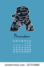 Calendar item with yoga mudra hands and drawing mehendi. Vector illustration for a yoga studio, tattoos, spa, postcards, souvenirs. Indian traditional way of life.