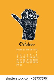 Calendar item with yoga mudra hands and drawing mehendi. Vector illustration for a yoga studio, tattoos, spa, postcards, souvenirs. Indian traditional way of life.