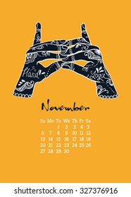 Calendar item with yoga mudra hands and drawing mehendi. Vector illustration for a yoga studio, tattoos, spa, postcards, souvenirs. Indian traditional way of life.