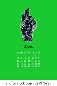 Calendar item with yoga mudra hands and drawing mehendi. Vector illustration for a yoga studio, tattoos, spa, postcards, souvenirs. Indian traditional way of life.