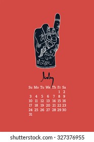 Calendar item with yoga mudra hands and drawing mehendi. Vector illustration for a yoga studio, tattoos, spa, postcards, souvenirs. Indian traditional way of life.