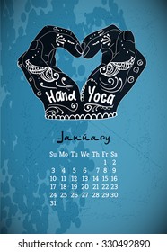 Calendar item with yoga mudra hands and drawing mehendi. Vector illustration for a yoga studio, tattoos, spa, postcards, souvenirs. Indian traditional way of life.