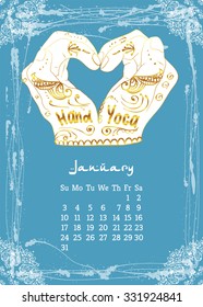 Calendar item with yoga mudra hands and drawing mehendi. Vector illustration for a yoga studio, tattoos, spa, postcards, souvenirs. Indian traditional way of life.