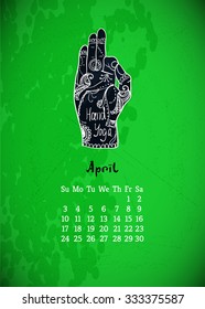 Calendar item with yoga mudra hands and drawing mehendi. Vector illustration for a yoga studio, tattoos, spa, postcards, souvenirs. Indian traditional way of life.