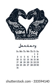 Calendar item with yoga mudra hands and drawing mehendi. Vector illustration for a yoga studio, tattoos, spa, postcards, souvenirs. Indian traditional way of life.