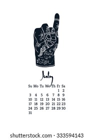 Calendar item with yoga mudra hands and drawing mehendi. Vector illustration for a yoga studio, tattoos, spa, postcards, souvenirs. Indian traditional way of life.