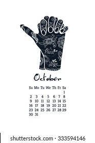 Calendar item with yoga mudra hands and drawing mehendi. Vector illustration for a yoga studio, tattoos, spa, postcards, souvenirs. Indian traditional way of life.