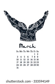 Calendar item with yoga mudra hands and drawing mehendi. Vector illustration for a yoga studio, tattoos, spa, postcards, souvenirs. Indian traditional way of life.