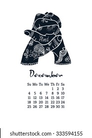 Calendar item with yoga mudra hands and drawing mehendi. Vector illustration for a yoga studio, tattoos, spa, postcards, souvenirs. Indian traditional way of life.