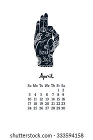 Calendar item with yoga mudra hands and drawing mehendi. Vector illustration for a yoga studio, tattoos, spa, postcards, souvenirs. Indian traditional way of life.