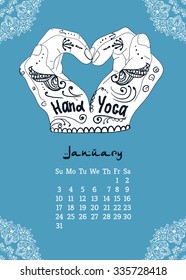 Calendar item with yoga mudra hands and drawing mehendi. Vector illustration for a yoga studio, tattoos, spa, postcards, souvenirs. Indian traditional way of life.