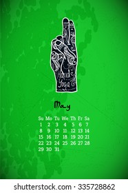 Calendar item with yoga mudra hands and drawing mehendi. Vector illustration for a yoga studio, tattoos, spa, postcards, souvenirs. Indian traditional way of life.Pran Mudra 