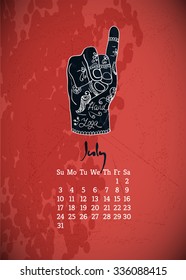 Calendar item with yoga mudra hands and drawing mehendi. Vector illustration for a yoga studio, tattoos, spa, postcards, souvenirs. Indian traditional way of life.