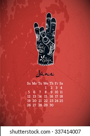 Calendar item with yoga mudra hands and drawing mehendi. Vector illustration for a yoga studio, tattoos, spa, postcards, souvenirs. Indian traditional way of life.