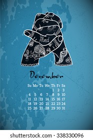 Calendar item with yoga mudra hands and drawing mehendi. Vector illustration for a yoga studio, tattoos, spa, postcards, souvenirs. Indian traditional way of life.